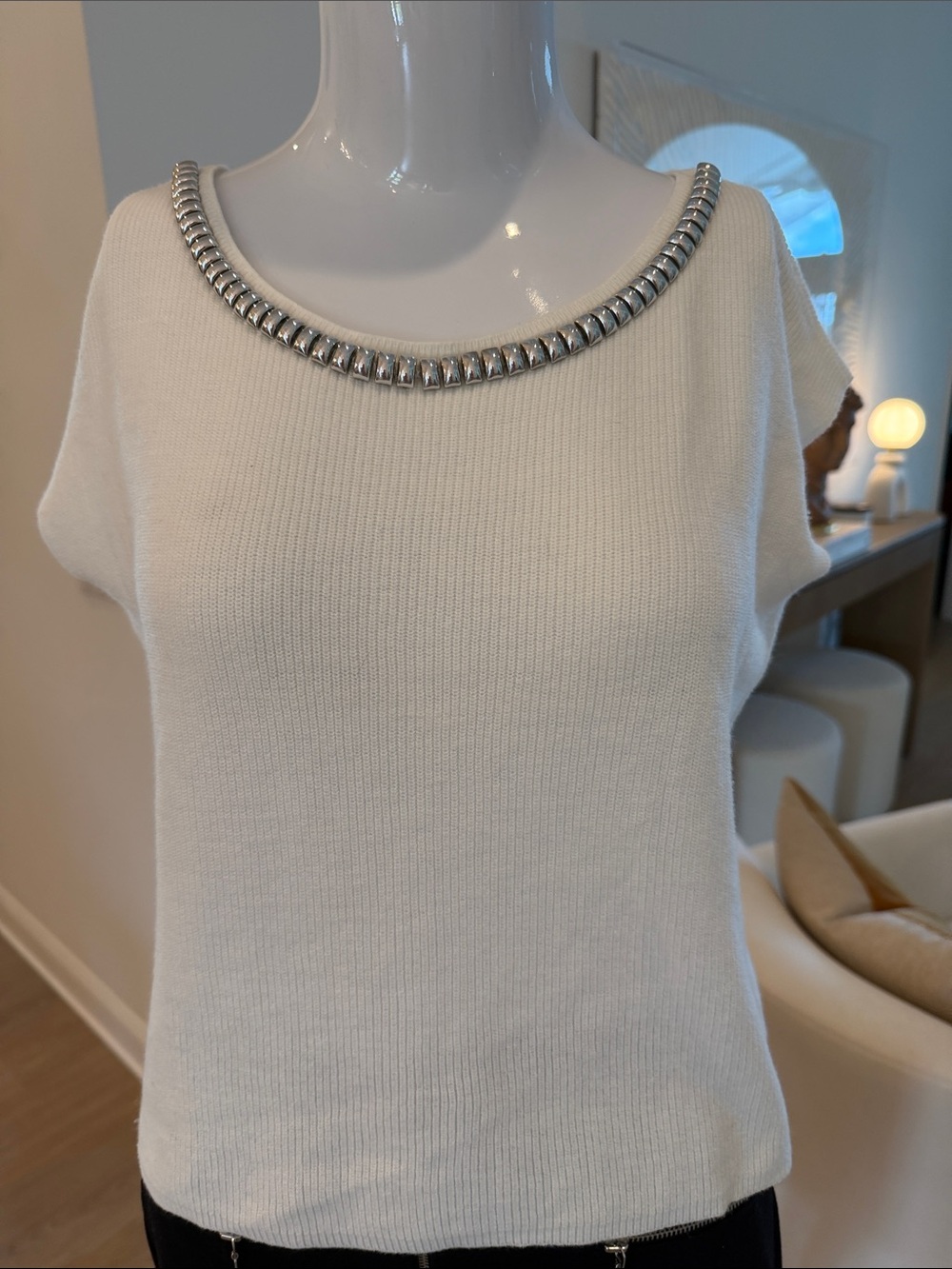 august silk Cream Knit Tank with Silver Beaded Neckline